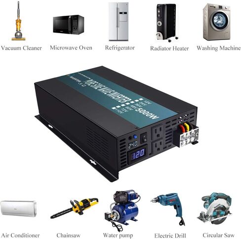WZRELB 3000W Pure Sine Wave Power Inverter 48VDC to 120VAC 6000W Peak Dual AC Outlets 2× 2.4A USB Port &Hardwire Terminal Off-Grid Solar Converter RV Trucks (U5-300048) in Kuwait