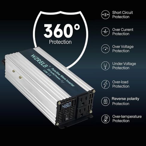 WZRELB 3000W Pure Sine Wave Power Inverter 48VDC to 120VAC 6000W Peak Dual AC Outlets 2× 2.4A USB Port &Hardwire Terminal Off-Grid Solar Converter RV Trucks (U5-300048) in Kuwait