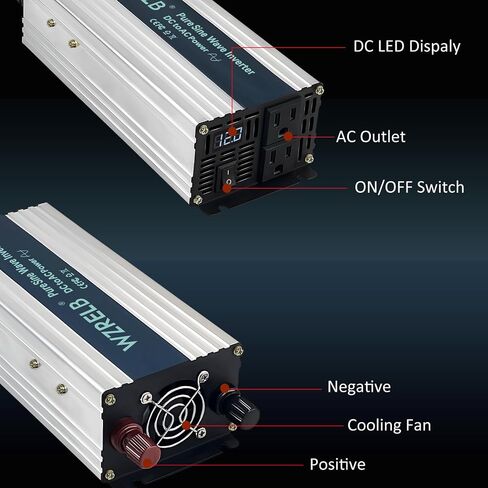 WZRELB 3000W Pure Sine Wave Power Inverter 48VDC to 120VAC 6000W Peak Dual AC Outlets 2× 2.4A USB Port &Hardwire Terminal Off-Grid Solar Converter RV Trucks (U5-300048) in Kuwait