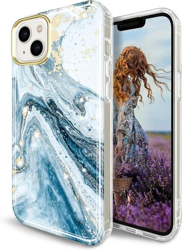 JIAXIUFEN Magnetic Designed Case for iPhone 14 iPhone 13, Compatible with MagSafe, Glitter Plated Slim Shockproof Protective Cover Phone Case, Love Marble Blue in Kuwait