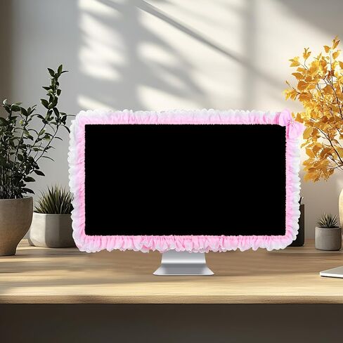 17"-22" Lovely Cute Computer Monitor Cover with Lovely Cute Elastic Pen Pocket Bow-knot TV LCD Screen Monitor Decoration Dust Cover Protector, Lace Fabric, Purple in Saudi Arabia