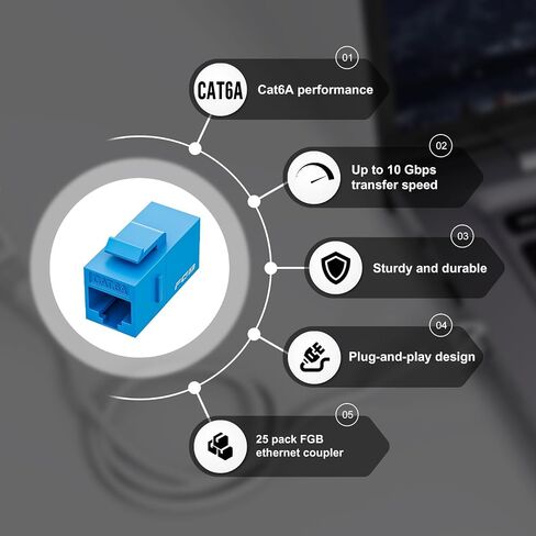 FGB 10 Gbps CAT6A RJ45 Keystone Coupler 25-Pack, CAT6A Keystone Jack, Ethernet Coupler Female to Female UTP for Cat6a/Cat6/Cat5e/Cat5, Black in Kuwait