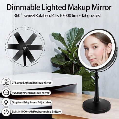 9" Vanity Mirror with Lights, Rechargeable Lighted Makeup Mirror,1x&10x Lighted Makeup Mirror with Magnification, Brightness Adjustable Light up Mirror, 360° Rotation, Gift for Women (Nickel) in Saudi Arabia