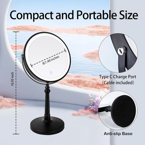 9" Vanity Mirror with Lights, Rechargeable Lighted Makeup Mirror,1x&10x Lighted Makeup Mirror with Magnification, Brightness Adjustable Light up Mirror, 360° Rotation, Gift for Women (Nickel) in Saudi Arabia