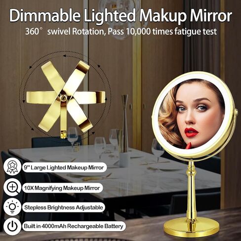 9" Vanity Mirror with Lights, Rechargeable Lighted Makeup Mirror,1x&10x Lighted Makeup Mirror with Magnification, Brightness Adjustable Light up Mirror, 360° Rotation, Gift for Women (Nickel) in Saudi Arabia