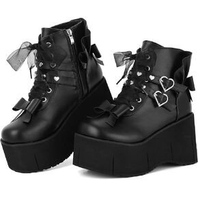 Black Platform Ankle Boots for Women Goth Rave Shoes Round Toe Wedge Chunky High Heels Buckle Booties
