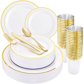 WELLIFE 600 Pcs Sliver Disposable Plates for 100 Guests, Plastic Plates for Party, Dinnerware Set of 100 Dinner Plates, 100 Salad Plates, 100 Spoons, 100 Forks, 100 Knives, 100 Cups