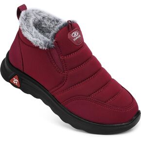 SHIBEVER Red Winter Boots for Women: Warm Fur Lined Slip on Ankle Snow Boots Comfortable Waterproof Outdoor Shoes Size 8