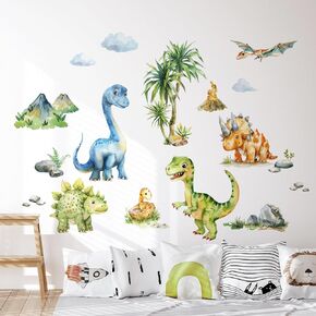 Tanlaby Dinosaur Wall Stickers Watercolor Dino Tropical Palm Tree Wall Decals Peel and Stick Decor for Baby Nursery Boys Kids Toddler Bedroom Playroom Classroom