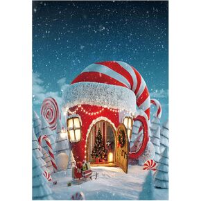 Funnytree 5x7ft Christmas Candy Cup House Photography Backdrop Snow Pine Tree Red and White Stripes Background Children Newborn Baby Portrait Photo Studio Photobooth Props