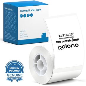 POLONO Thermal Labels for PM220S Label Maker, 1.97"x3.15" (50x80mm), Multi-Purpose Thermal Sticker Label Tape, Self-Adhesive Thermal Paper for Home, Office, 100 Labels/1Roll, White