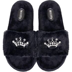 Millffy Plush Fluffy Slippers Princess Crown Bling Bling Diamond crown jewelry Ladies Shoes Pink Girl Home Slippers