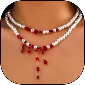Dripping Blood Pearl Choker Necklace for Women Multiply Layer Halloween Pearl Necklaces Gothic Vampire Party Costume Jewelry Gifts
