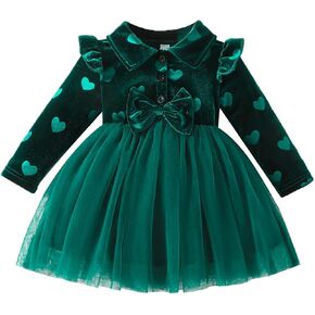 Infant Baby Girl Velvet Tulle Tutu Long Sleeve Heart Print Newborn Valentines Outfits Toddler Christmas Formal Dress