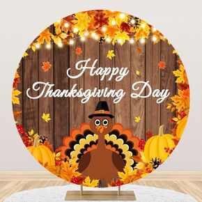 Cute Turkey Round Backdrop Cover Happy Thanksgiving Day Round Backdrop Cover (No Stand) Rustic Wood Pumpkin Maple Background Party Supplies Decorations 7.2ft (220cm) Circle Banner Photo Studio Props