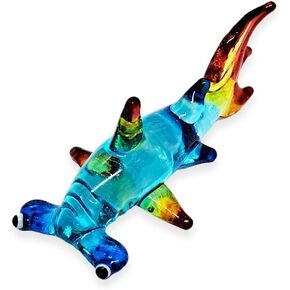 Tiny 2¾" Long Multicolor Gold Dotted Shark Figurine - Miniature Hand Blown Glass Animal Colorful Marine Life Sea Fish Crystal Decorative Collectible Figurines Décor Gifts