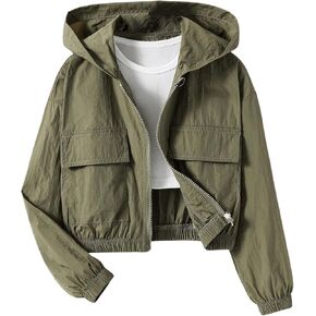 Verdusa Girl's Drop Shoulder Zip Up Hooded Jacket Outwear with Pockets
