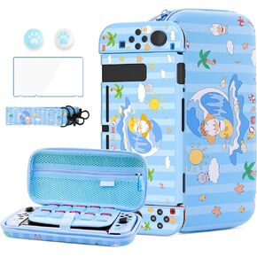 HYPERCASE Cute Cartoon Duck Switch OLED Carrying Travel Bag Blue Pouch for OLED Console & Accessories Storage, with Hardshell Switch OLED Case Skin, Screen Protector, Shoulder Strap & 2 Thumb Caps