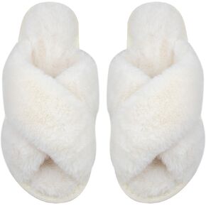 Women Fluffy Cross Band House Slippers Fuzzy Open Toe Slippers Slip-on Cozy Plush Home Shoes Indoor Outdoor