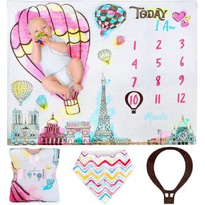 SUKOON Milestone Blanket for Baby Boy/Girl | Large - 47L x 40W | Includes Hot Air Balloon Marker and Bib | Personalized Baby Month Blanket for Newborn Baby Shower