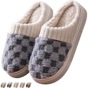 Checkered Slippers for Women Indoor Slides Non Slip House Slippers for Women Men Couple Plush Warm Home Slippers Fuzzy Slippers Bedroom Shoes Slip On Slippers