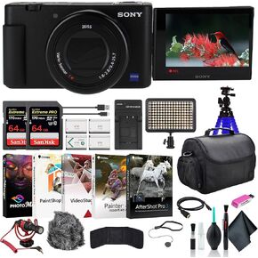 Sony ZV-1 Digital Camera Black DCZV1/B, 2 x 64GB Memory Card, Case, 3 x NP-BX1 Battery, Card Reader, LED Light, Corel Photo Software, HDMI Cable, Rode Compact Mic, Charger, and More