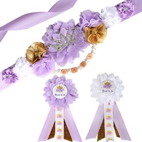 Princess Baby Shower Maternity Sash Kit - Purple and Gold Princess Baby Shower Belly Belt and Mom to Be & Dad to Be Corsage Pins, New Parents Pregnancy Photo Props Party Supplies