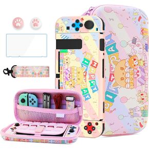 HYPERCASE Pink Cute Carrying Case for Nintendo Switch OLED Accessories Storage, Hard Protective Cover Skin for Switch OLED Console, Screen Protector, Shoulder Strap & 2 Thumb Caps -Panda Party