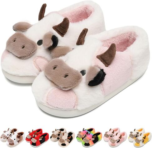 Cow Slippers for Women Men, Fluffy Cute Memory Foam Lightweight House Shoes Cozy Cartoon Slippers with Polar Fleece Lining Funny Furry Kawaii Bedroom Indoor and Outdoor in Saudi Arabia