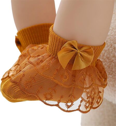 Baby Girls Eyelet Frilly Ruffle Lace Socks Super Soft Infant Cotton Ankle Socks Princess Dress Socks with Bow in Saudi Arabia
