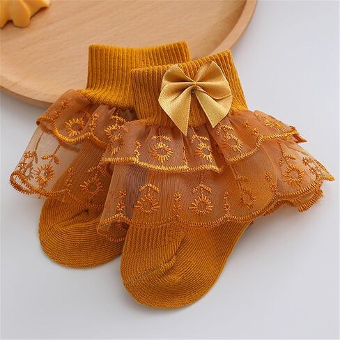 Baby Girls Eyelet Frilly Ruffle Lace Socks Super Soft Infant Cotton Ankle Socks Princess Dress Socks with Bow in Saudi Arabia