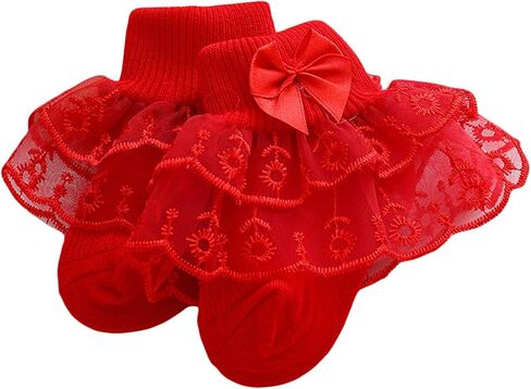 Baby Girls Eyelet Frilly Ruffle Lace Socks Super Soft Infant Cotton Ankle Socks Princess Dress Socks with Bow in Saudi Arabia