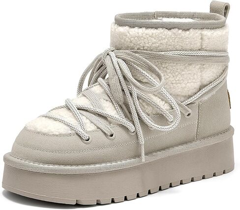 BEAU TODAY Snow Boots for Women, Platform Anti-Slip Winter Booties, Warm Fur Lace Up Round Toe Ankle Boots for Women, Comfort Faux Fur Outdoor Walking Boots in Kuwait