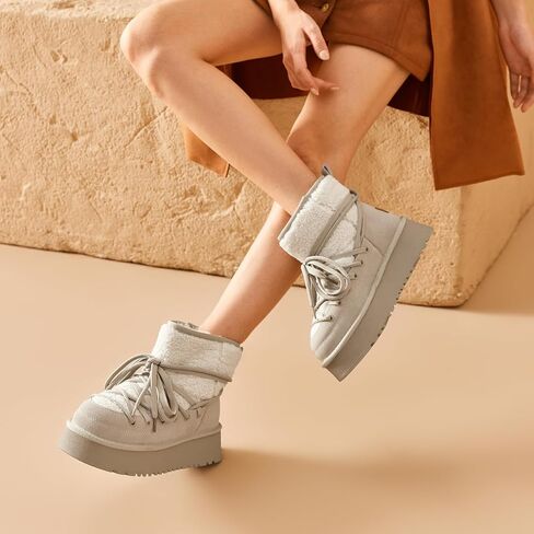 BEAU TODAY Snow Boots for Women, Platform Anti-Slip Winter Booties, Warm Fur Lace Up Round Toe Ankle Boots for Women, Comfort Faux Fur Outdoor Walking Boots in Kuwait