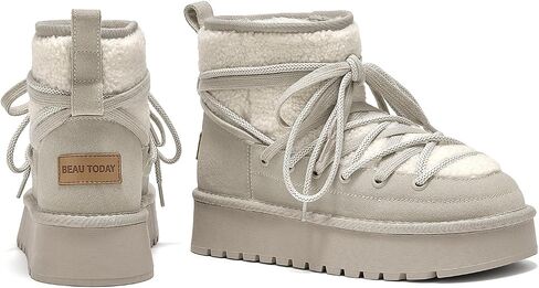 BEAU TODAY Snow Boots for Women, Platform Anti-Slip Winter Booties, Warm Fur Lace Up Round Toe Ankle Boots for Women, Comfort Faux Fur Outdoor Walking Boots in Kuwait