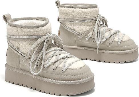 BEAU TODAY Snow Boots for Women, Platform Anti-Slip Winter Booties, Warm Fur Lace Up Round Toe Ankle Boots for Women, Comfort Faux Fur Outdoor Walking Boots in Kuwait