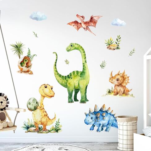 Tanlaby Large Dinosaur Wall Stickers Watercolor Dino Tropical Leaves Palm Tree Wall Decals Peel and Stick Art Decor for Baby Nursery Boys Kids Toddler Bedroom Playroom Classroom in Saudi Arabia