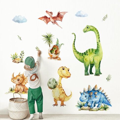Tanlaby Large Dinosaur Wall Stickers Watercolor Dino Tropical Leaves Palm Tree Wall Decals Peel and Stick Art Decor for Baby Nursery Boys Kids Toddler Bedroom Playroom Classroom in Saudi Arabia