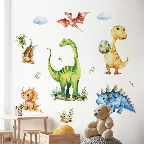 Tanlaby Large Dinosaur Wall Stickers Watercolor Dino Tropical Leaves Palm Tree Wall Decals Peel and Stick Art Decor for Baby Nursery Boys Kids Toddler Bedroom Playroom Classroom in Saudi Arabia