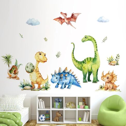 Tanlaby Large Dinosaur Wall Stickers Watercolor Dino Tropical Leaves Palm Tree Wall Decals Peel and Stick Art Decor for Baby Nursery Boys Kids Toddler Bedroom Playroom Classroom in Saudi Arabia
