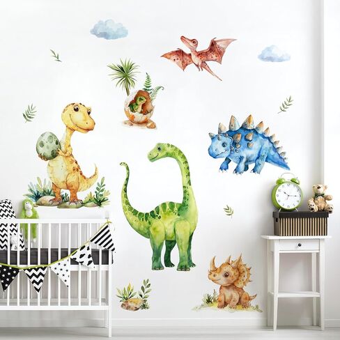 Tanlaby Large Dinosaur Wall Stickers Watercolor Dino Tropical Leaves Palm Tree Wall Decals Peel and Stick Art Decor for Baby Nursery Boys Kids Toddler Bedroom Playroom Classroom in Saudi Arabia