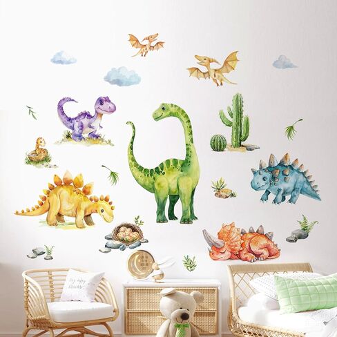 Tanlaby Large Dinosaur Wall Stickers Watercolor Dino Tropical Leaves Palm Tree Wall Decals Peel and Stick Art Decor for Baby Nursery Boys Kids Toddler Bedroom Playroom Classroom in Kuwait