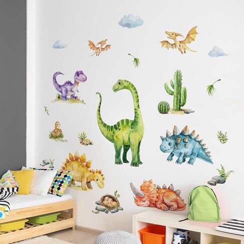Tanlaby Large Dinosaur Wall Stickers Watercolor Dino Tropical Leaves Palm Tree Wall Decals Peel and Stick Art Decor for Baby Nursery Boys Kids Toddler Bedroom Playroom Classroom in Kuwait