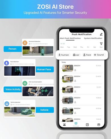 كاميرا ZOSI C296 5MP 3K Add-on PoE PT خارجية، كشف الوجه البشري بالذكاء الاصطناعي، رؤية ليلية بضوء النجوم، محادثة ثنائية الاتجاه، تتبع تلقائي، عموم/إمالة، NVR متوافق فقط in Kuwait