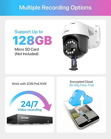 كاميرا ZOSI C296 5MP 3K Add-on PoE PT خارجية، كشف الوجه البشري بالذكاء الاصطناعي، رؤية ليلية بضوء النجوم، محادثة ثنائية الاتجاه، تتبع تلقائي، عموم/إمالة، NVR متوافق فقط in Kuwait