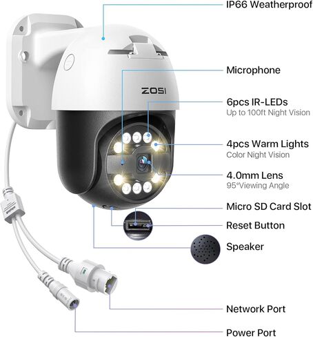 كاميرا ZOSI C296 5MP 3K Add-on PoE PT خارجية، كشف الوجه البشري بالذكاء الاصطناعي، رؤية ليلية بضوء النجوم، محادثة ثنائية الاتجاه، تتبع تلقائي، عموم/إمالة، NVR متوافق فقط in Kuwait