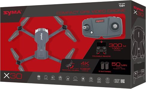 SYMA Compact GPS Video Drone X30، كاميرا أمامية 1080 بكسل، قابلة للطي، كاميرا تحت الكاميرا 720 بكسل، وقت طيران 50 دقيقة، عناصر تحكم ذكية، للأعمار من 14 عامًا فما فوق in Kuwait