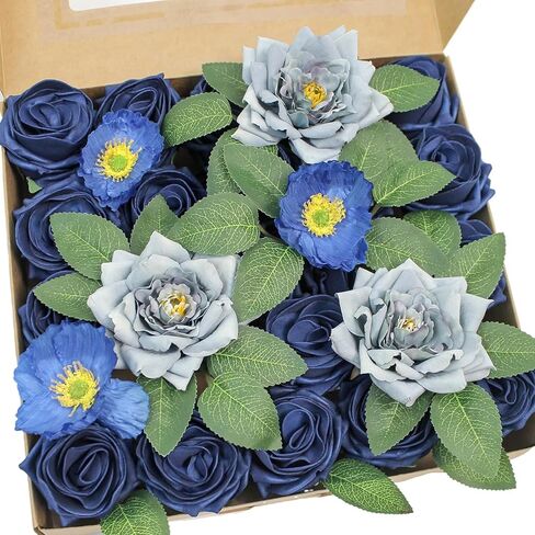 زهور الورد الاصطناعية زهور وهمية واقعية مع جذع لباقات الزفاف DIY، حمام الطفل، ترتيب الزهور، قطع مركزية للطاولة، ديكورات المنزل (أزرق) in Kuwait
