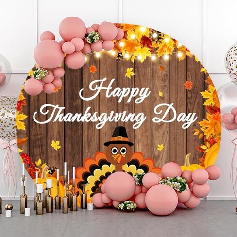 Cute Turkey Round Backdrop Cover Happy Thanksgiving Day Round Backdrop Cover (No Stand) Rustic Wood Pumpkin Maple Background Party Supplies Decorations 7.2ft (220cm) Circle Banner Photo Studio Props in Saudi Arabia