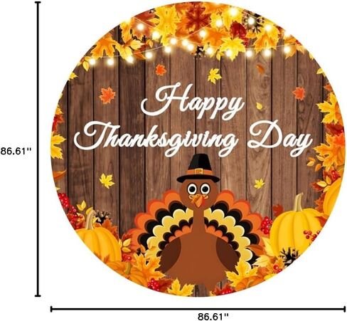 Cute Turkey Round Backdrop Cover Happy Thanksgiving Day Round Backdrop Cover (No Stand) Rustic Wood Pumpkin Maple Background Party Supplies Decorations 7.2ft (220cm) Circle Banner Photo Studio Props in Saudi Arabia